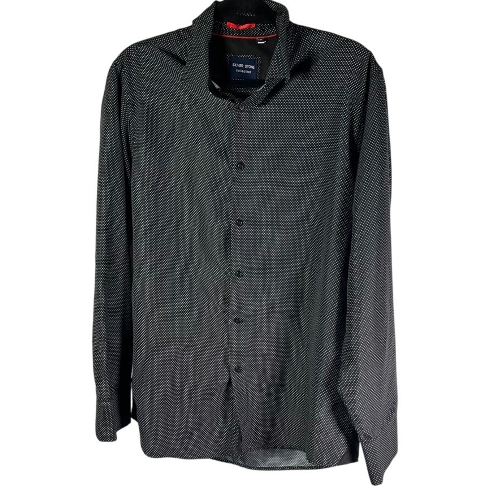 Silver Stone Collection Mens XL Black White Polka Dot Long Sleeve Button Down‎